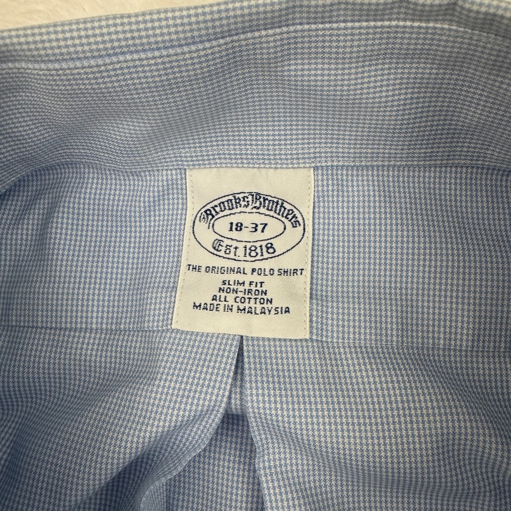 Brooks Brothers Slim Fit Non-Iron Dress Shirt 18-37 Blue Micro Check Cotton - Picture 3 of 7